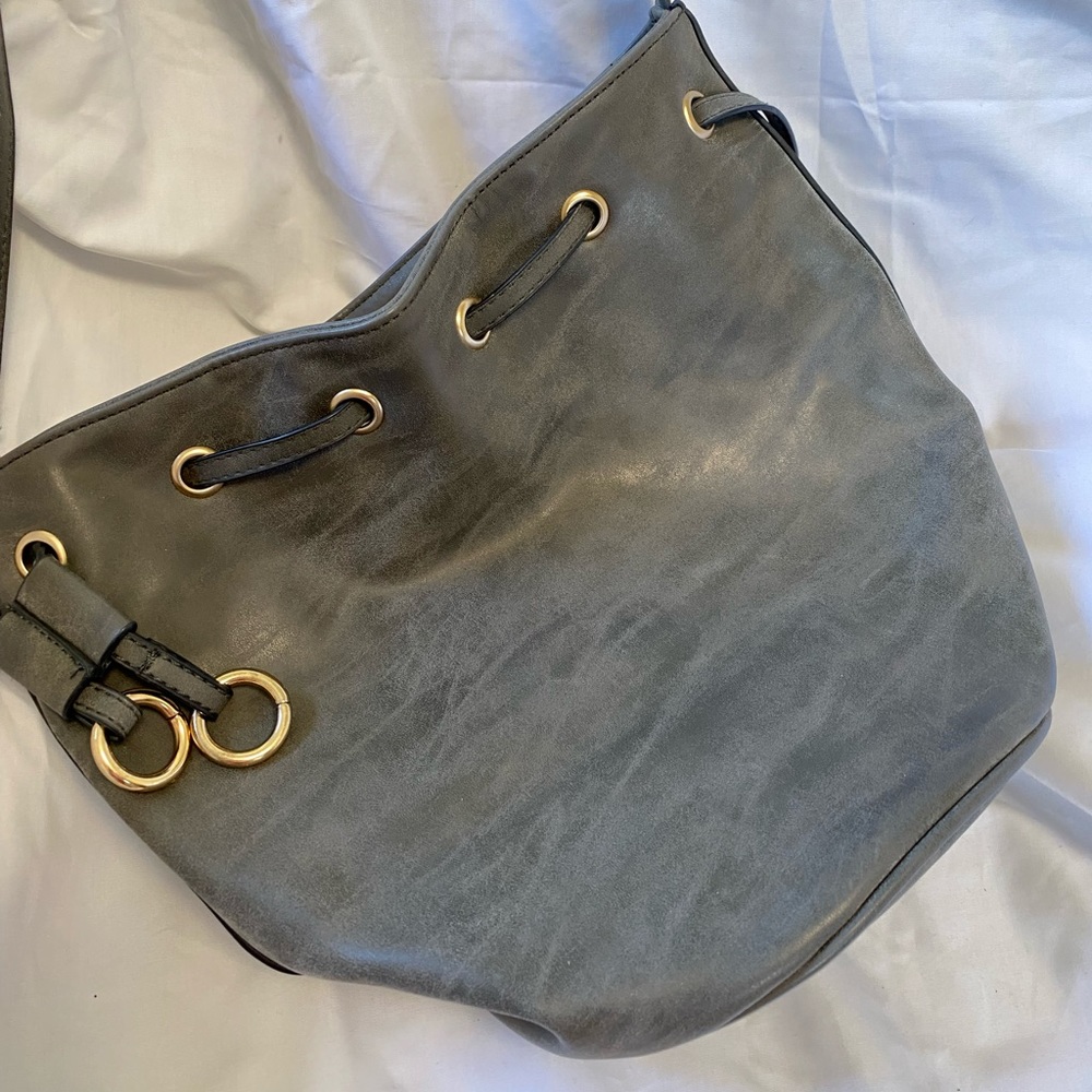 Gray Leather Drawstring Closure Shoulder Purse - image 2